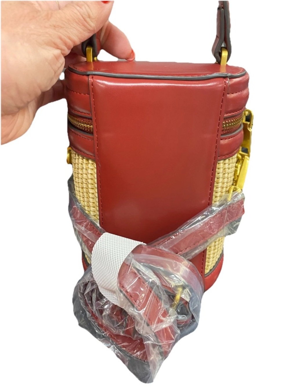 🆕 House Of Harlow 1960 Red and Natural Woven Straw Mini Bucket Crossbody Bag - Picture 8 of 9